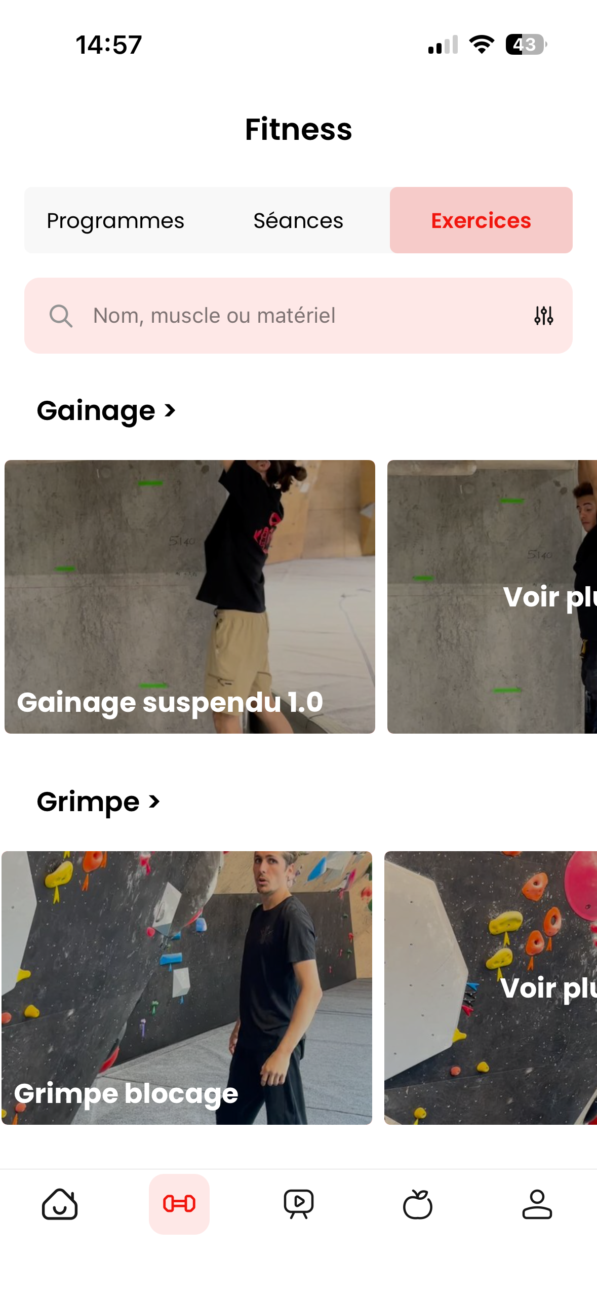 Bibliothèque d'exercices dans l'app Gymkee