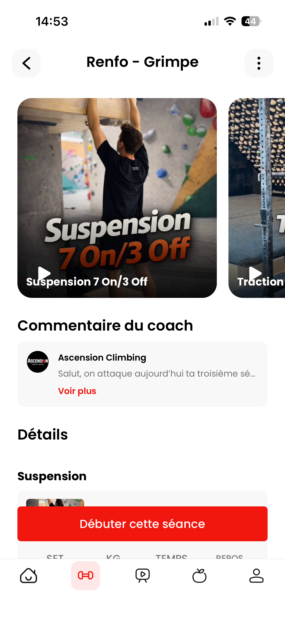 Séance d'entraînement dans l'app Gymkee